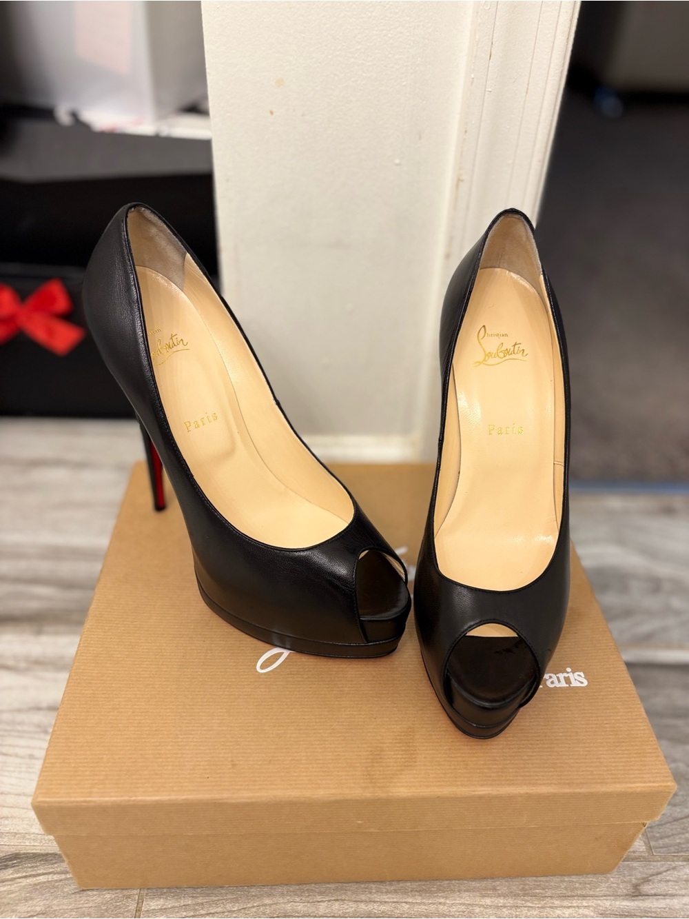 Christian Louboutin Black Leather Peep-Toe Platform Pumps